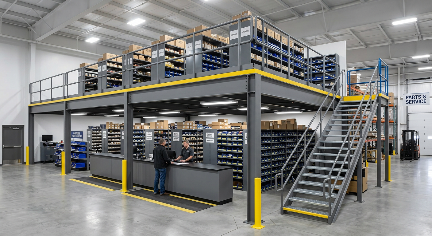 Auto dealership parts department with a mezzanine for organized parts inventory storage