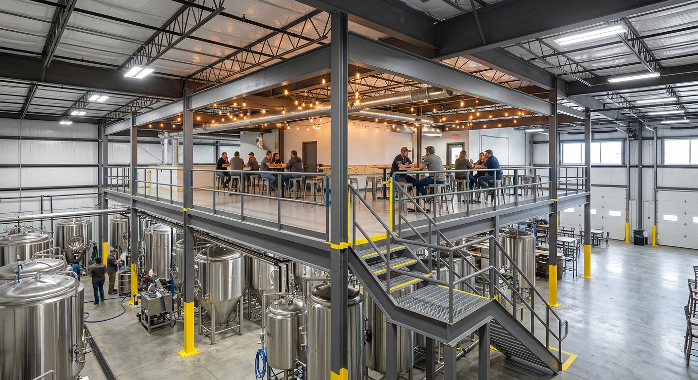 Craft brewery with a mezzanine taproom level overlooking brewing equipment and stainless steel tanks