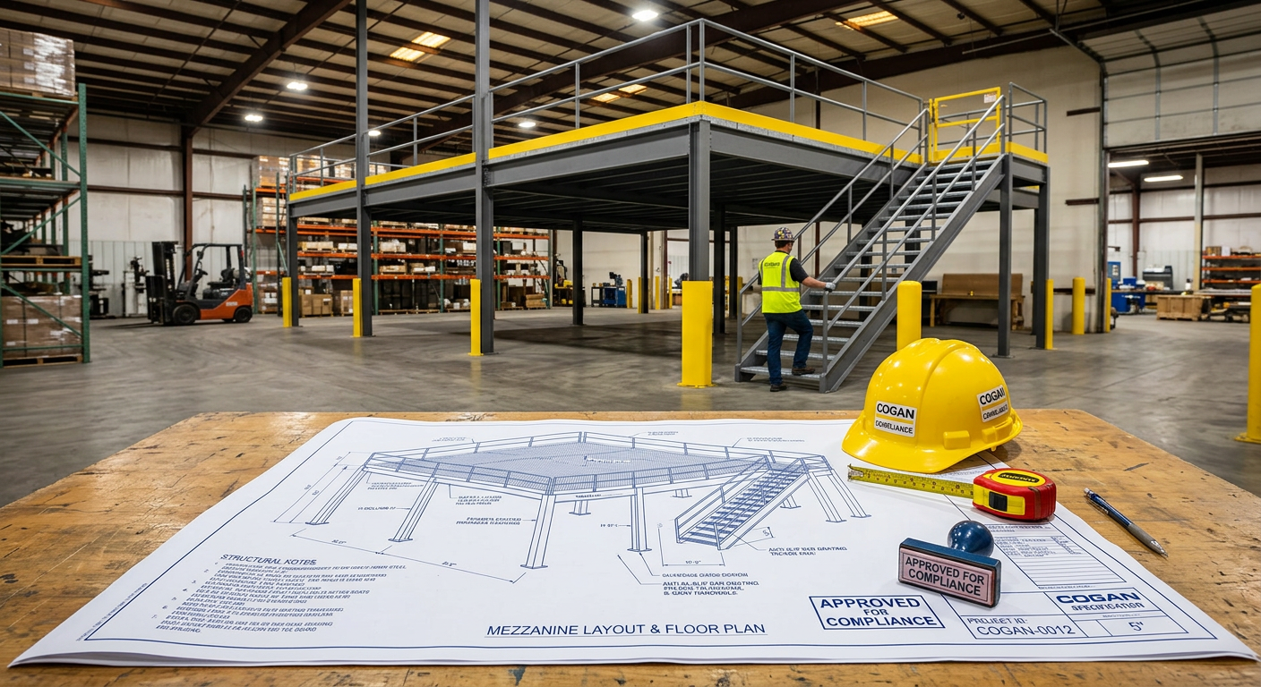 Engineering blueprints and hard hat for industrial mezzanine building code compliance in Canada