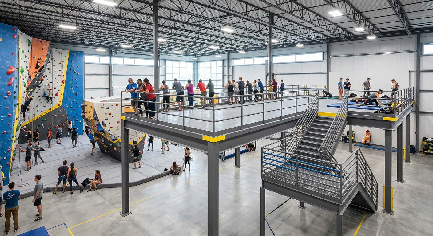 Indoor climbing gym with a mezzanine spectator and warm-up area overlooking climbing walls