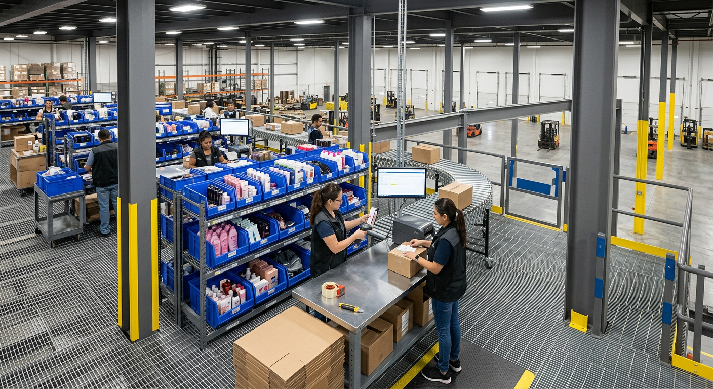 E-commerce pick and pack operation on a mezzanine level with organized shelving and packing stations