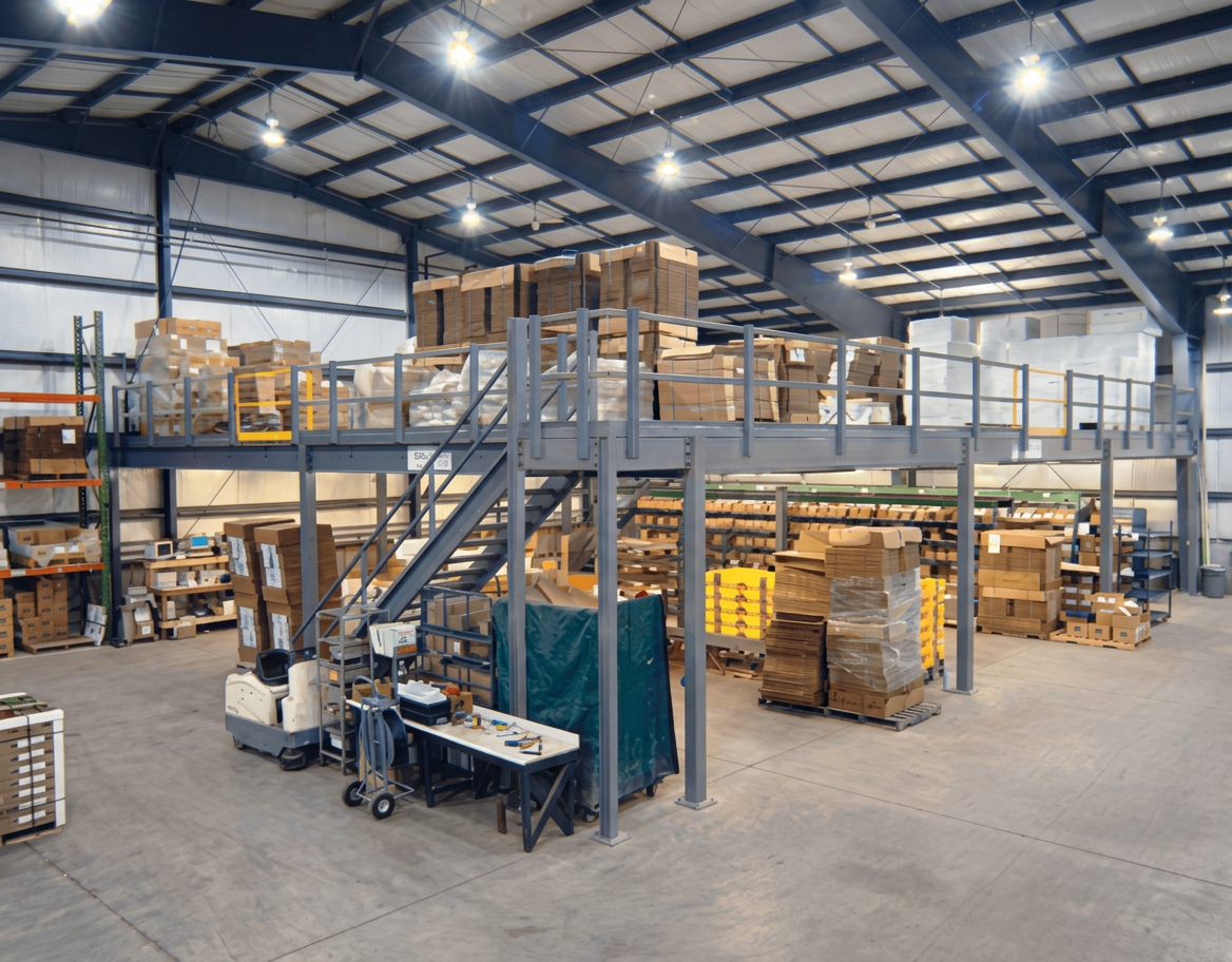 Industrial mezzanine used for warehouse storage with steel decking and safety railings