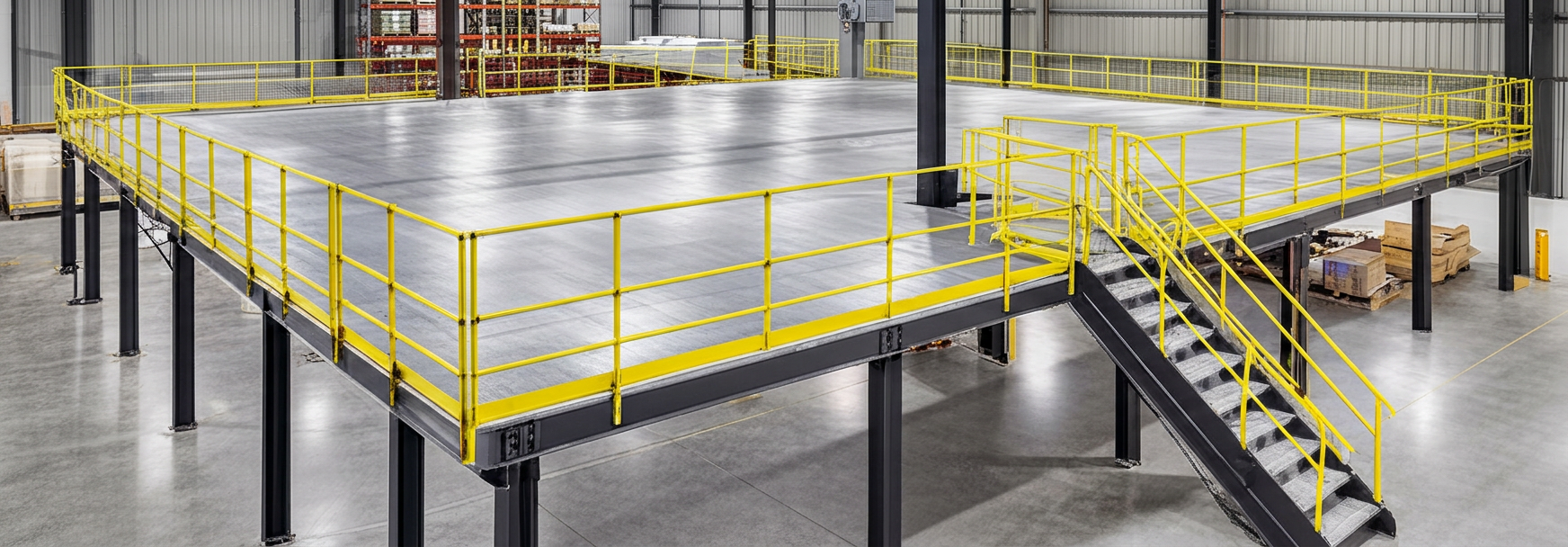 Industrial mezzanine in a large warehouse facility - overhead view showing steel structure and flooring