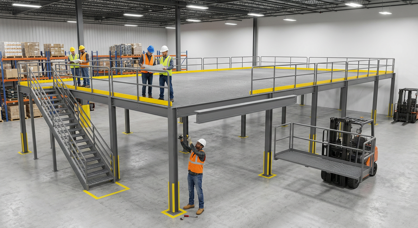 Modular mezzanine showing bolt-together design that can be expanded or relocated
