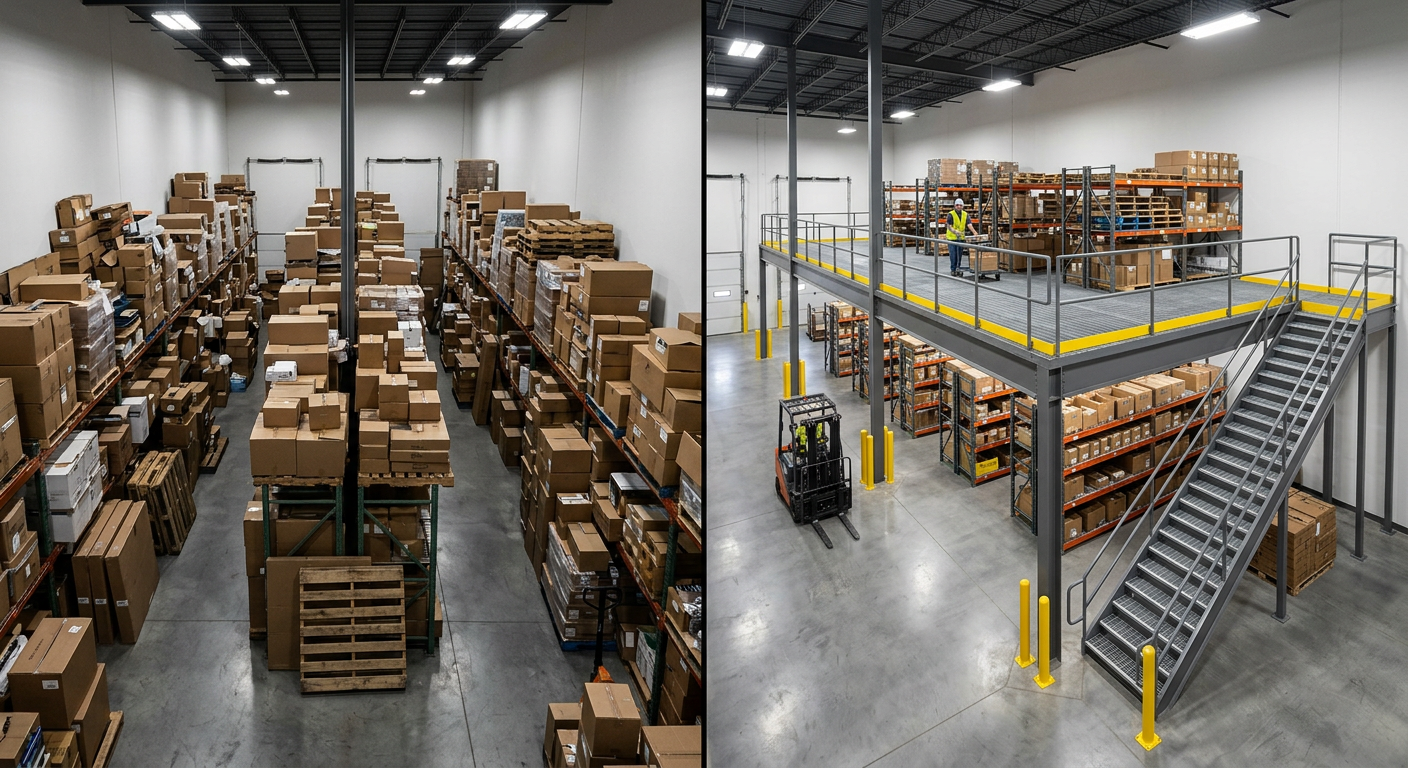 Side-by-side comparison of a mezzanine installation versus a warehouse building expansion