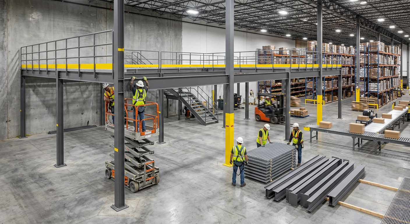 Industrial mezzanine being installed in an active warehouse showing fast installation process