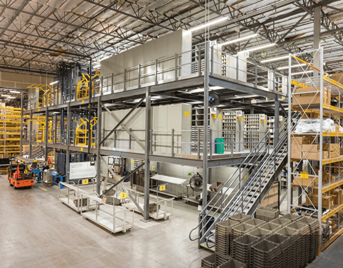 Multi-level industrial mezzanine system installed in a large warehouse showing multiple elevated floor levels