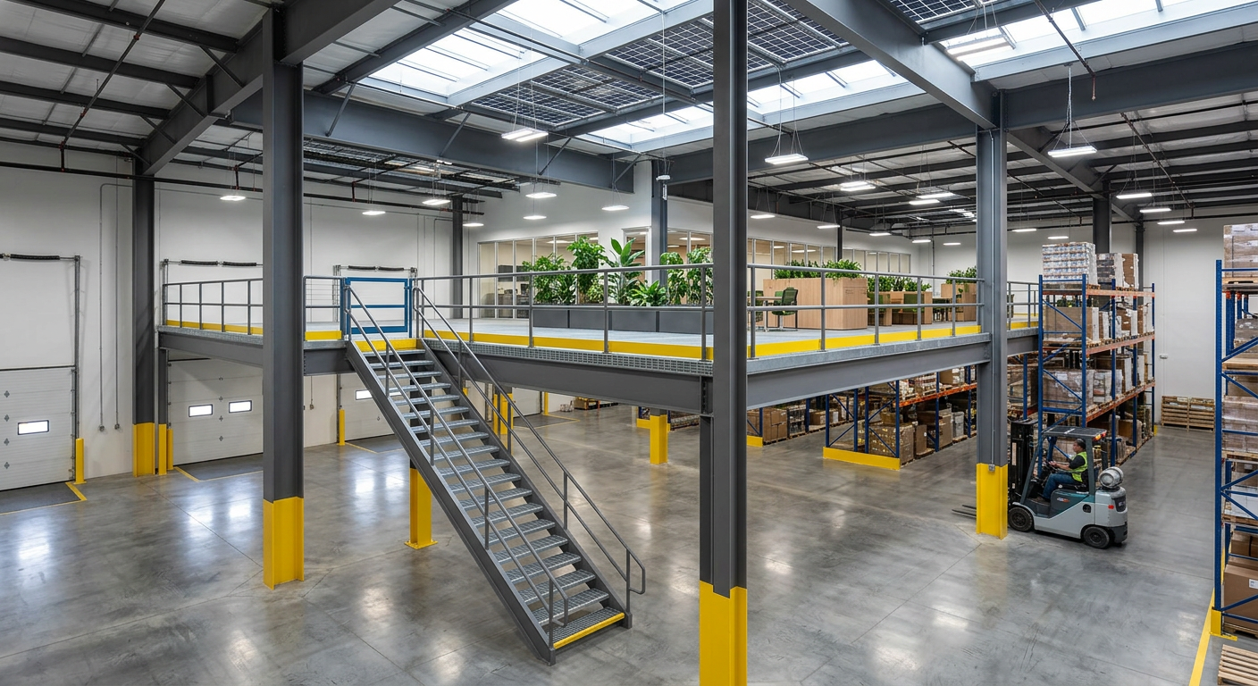 Sustainable green warehouse with industrial mezzanine, skylights, and energy-efficient LED lighting