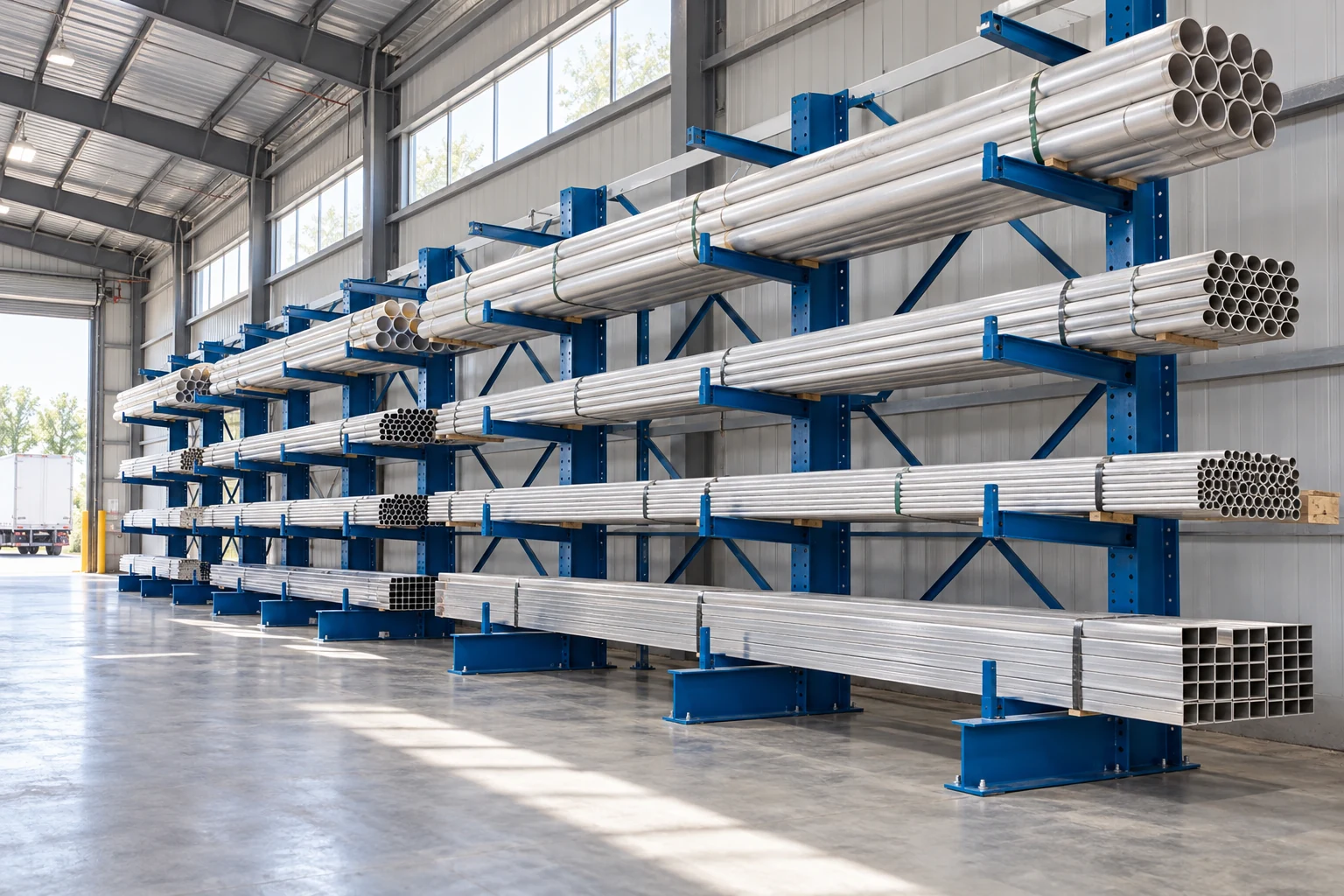 Cantilever storage with separate bundles of long tube stock on aligned supports.