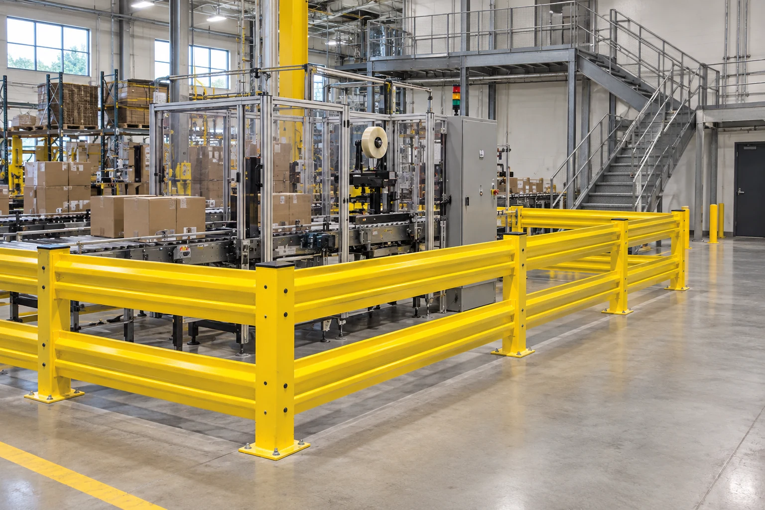 Ground-level impact guardrails and a separate staircase illustrate different rail applications.
