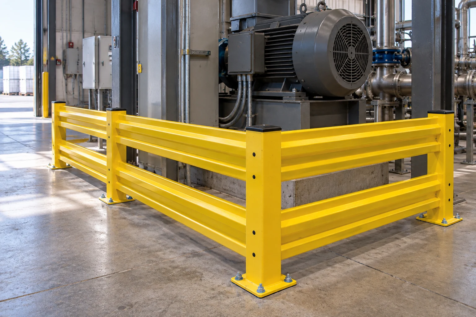 Yellow double-rail impact protection around industrial equipment.