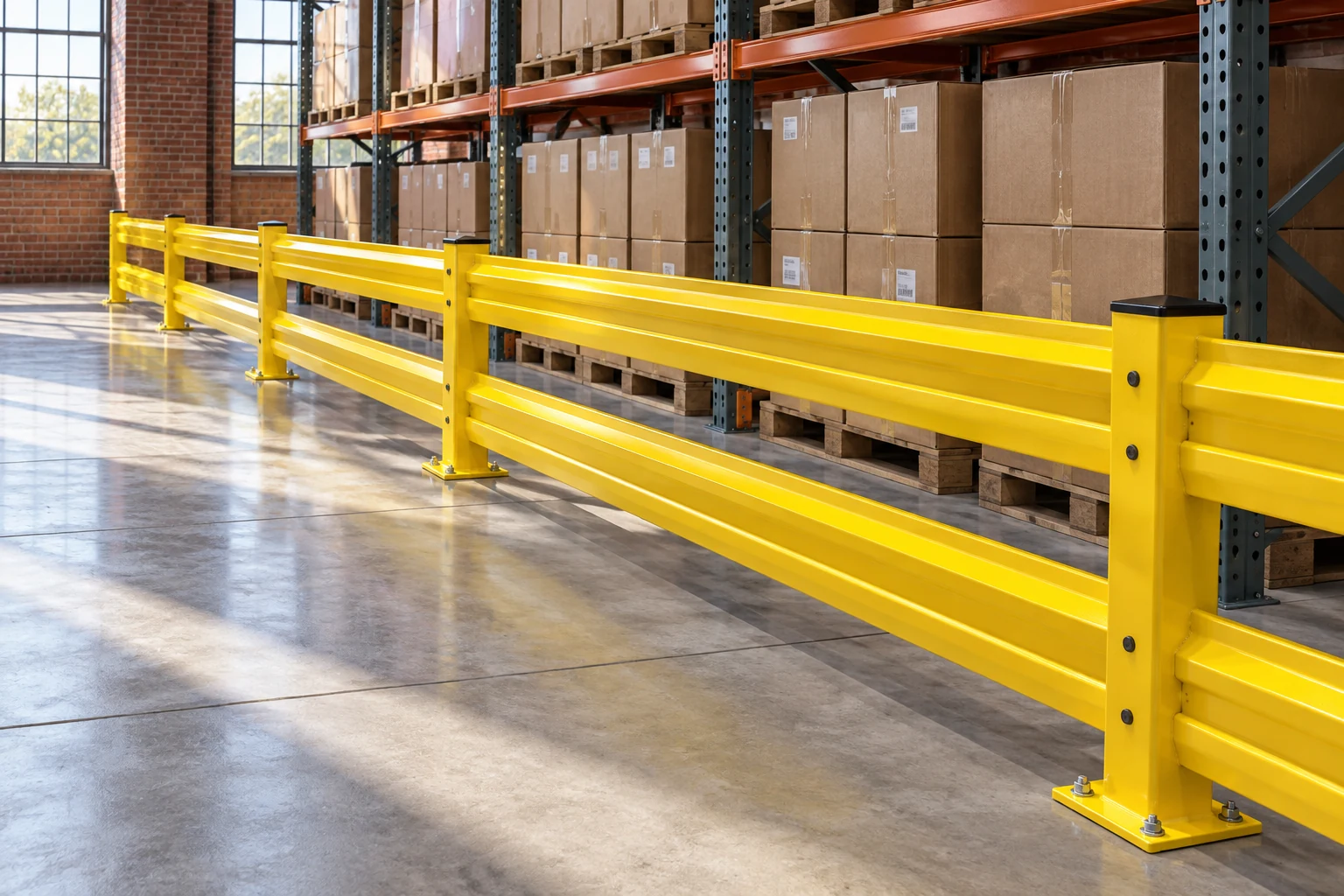 A ground-level guardrail run separates stored materials from an open travel aisle.