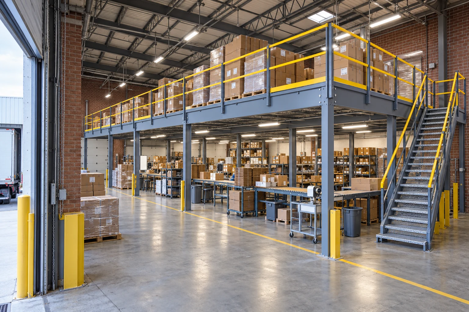 Mezzanine columns and stairs arranged beside an open ground-floor packing route.