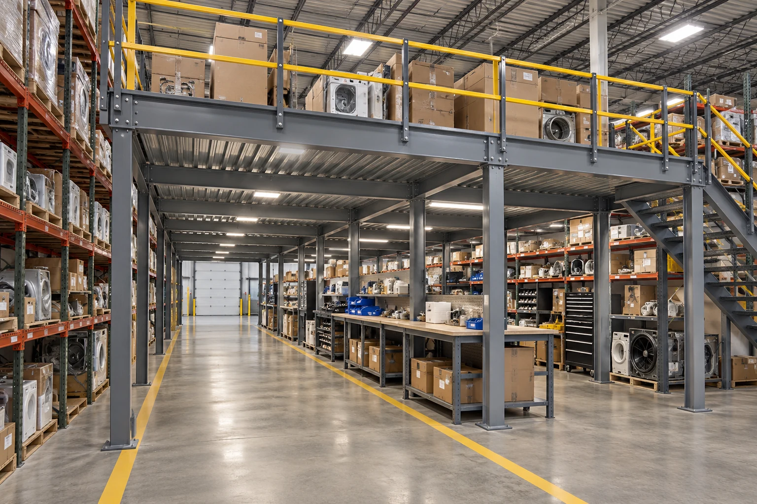 Workstations and mezzanine supports beside a clear ground-floor aisle.