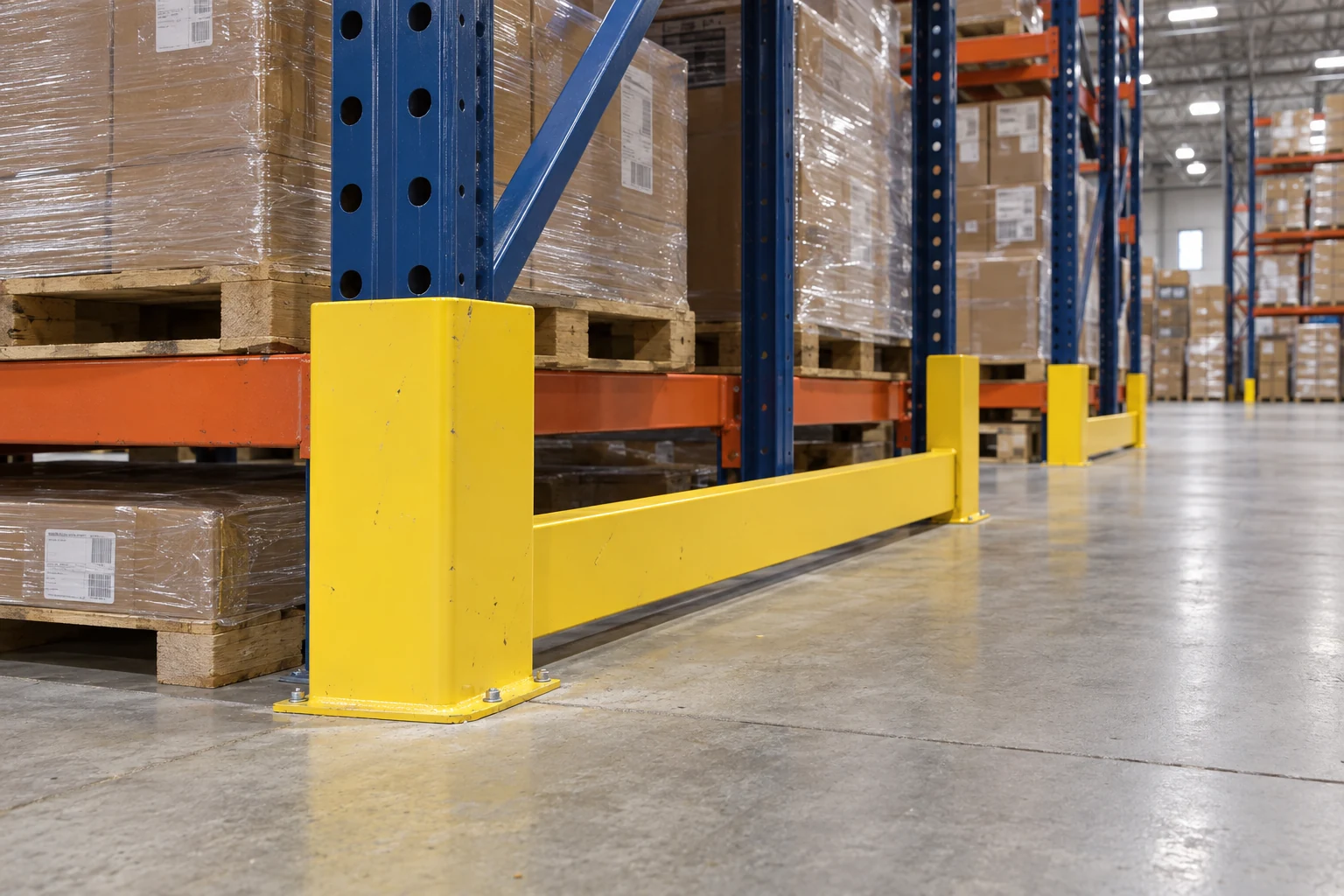 A rack-upright protector and connecting row-end guard near the floor.