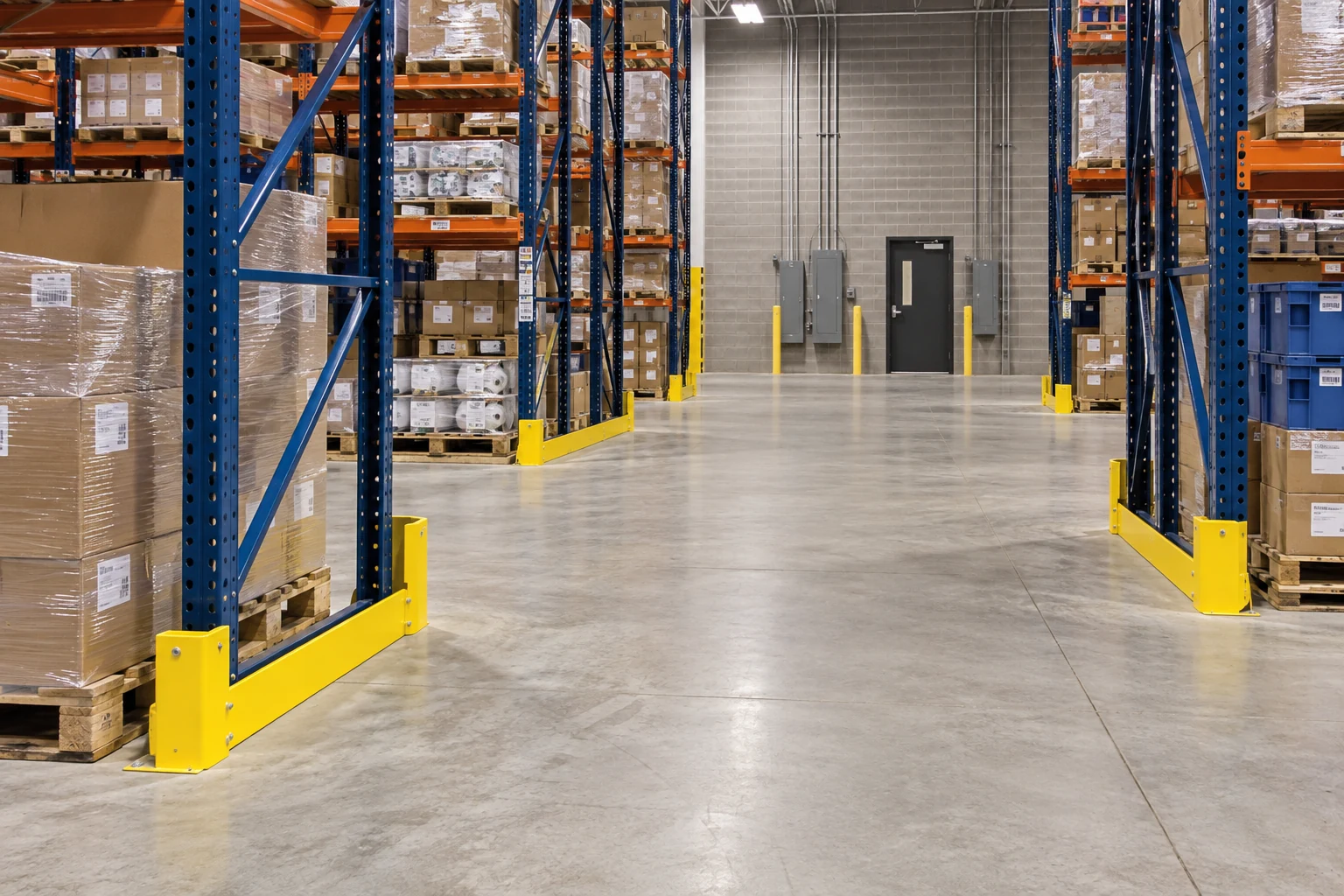 Separate protected rack row ends bordering an open cross-aisle.