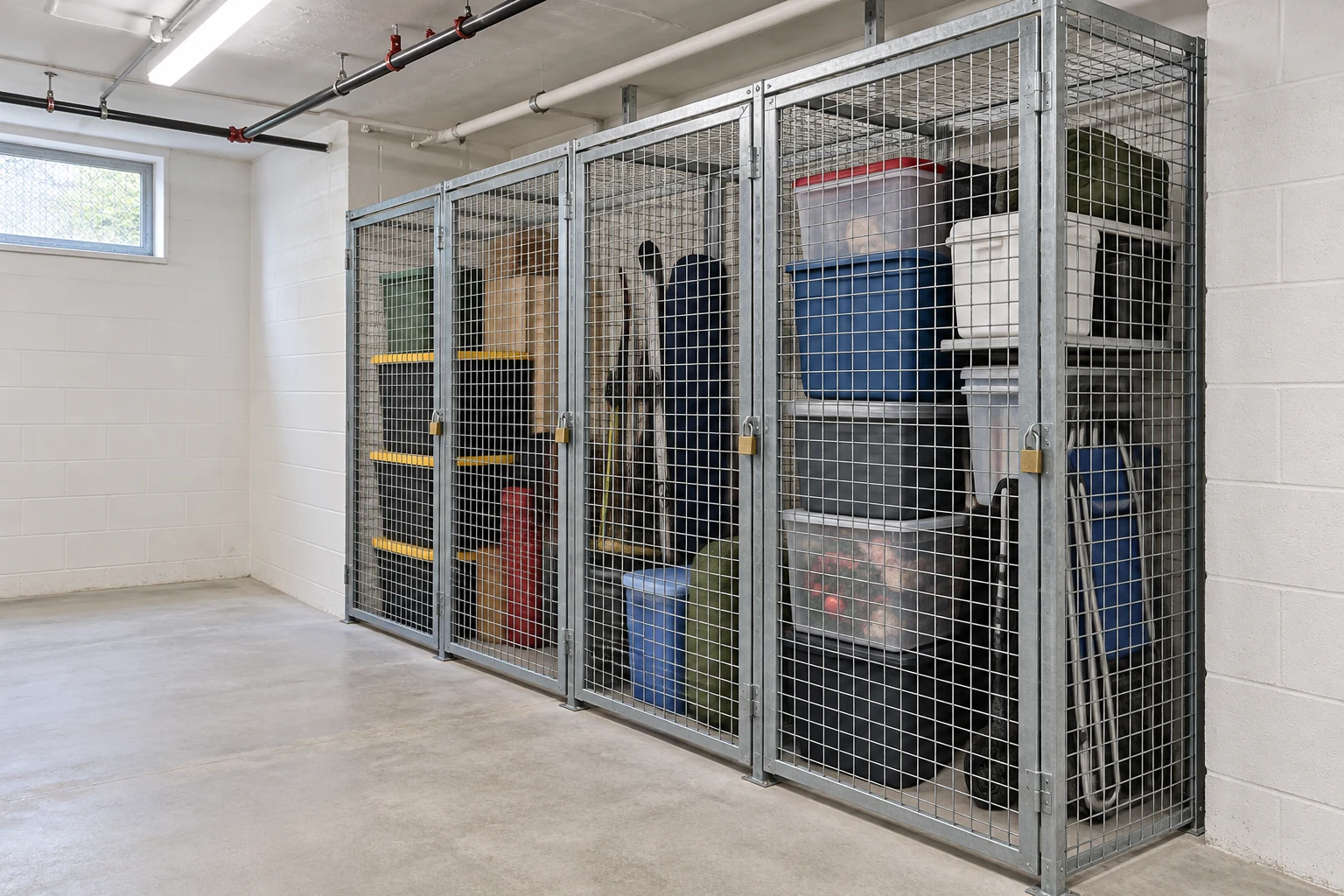 Full-height wire-mesh tenant lockers containing typical household storage items.