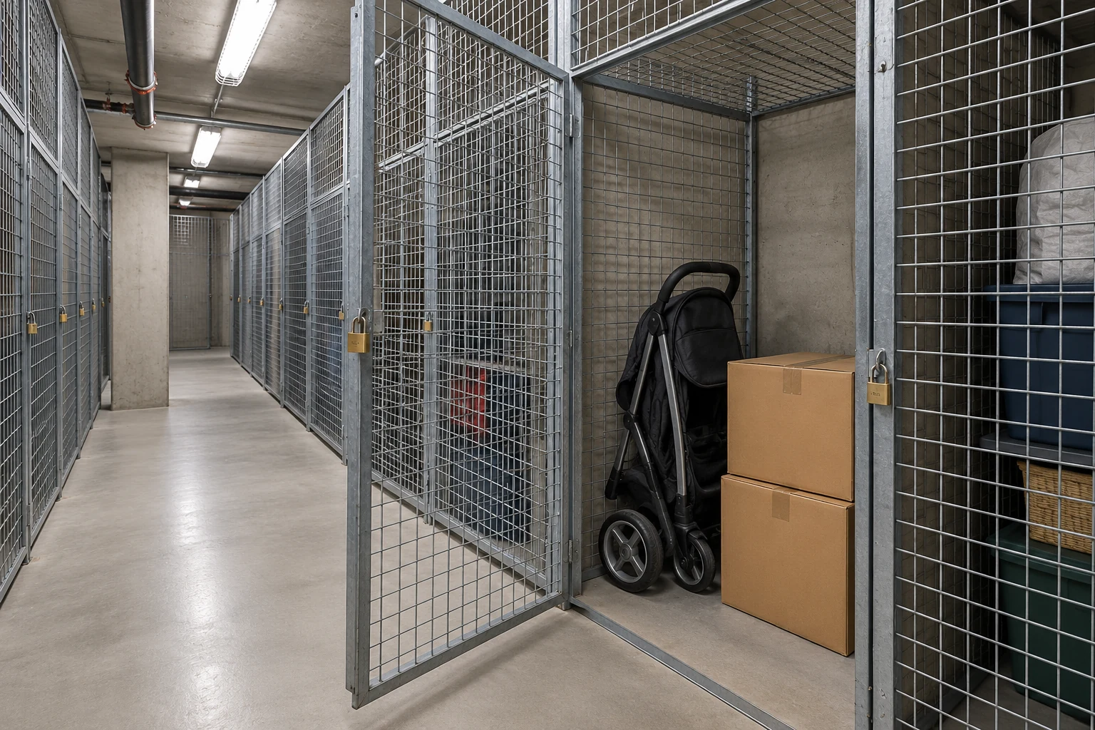 An open tenant locker illustrates the relationship between its entrance and the shared aisle.