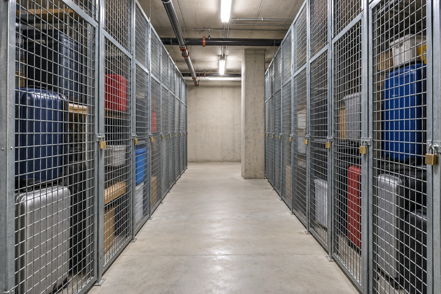 Two rows of tenant lockers with a shared access aisle and a building-column obstruction.