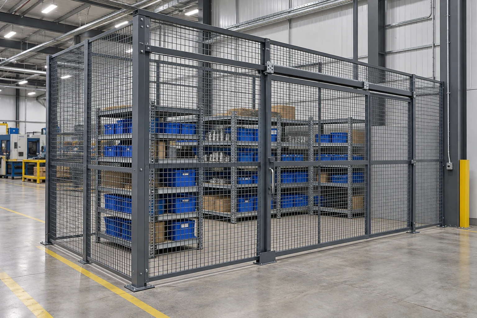 A wire-mesh parts enclosure with a sliding gate and visible internal storage.