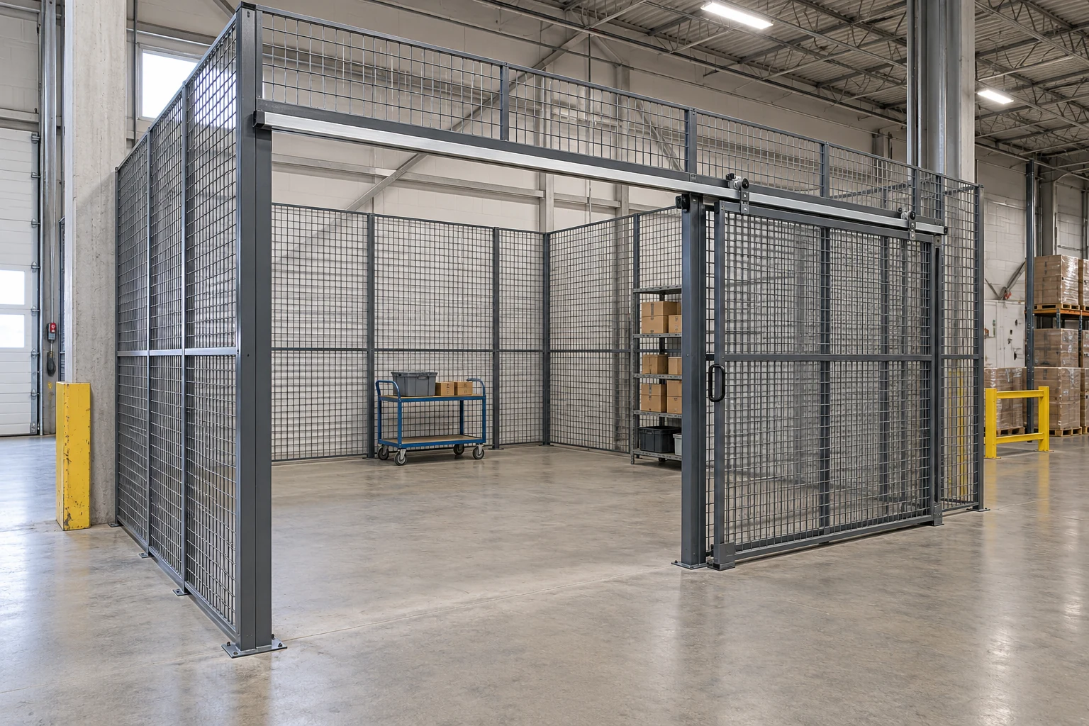 An open sliding gate and clear internal space for moving a cart.