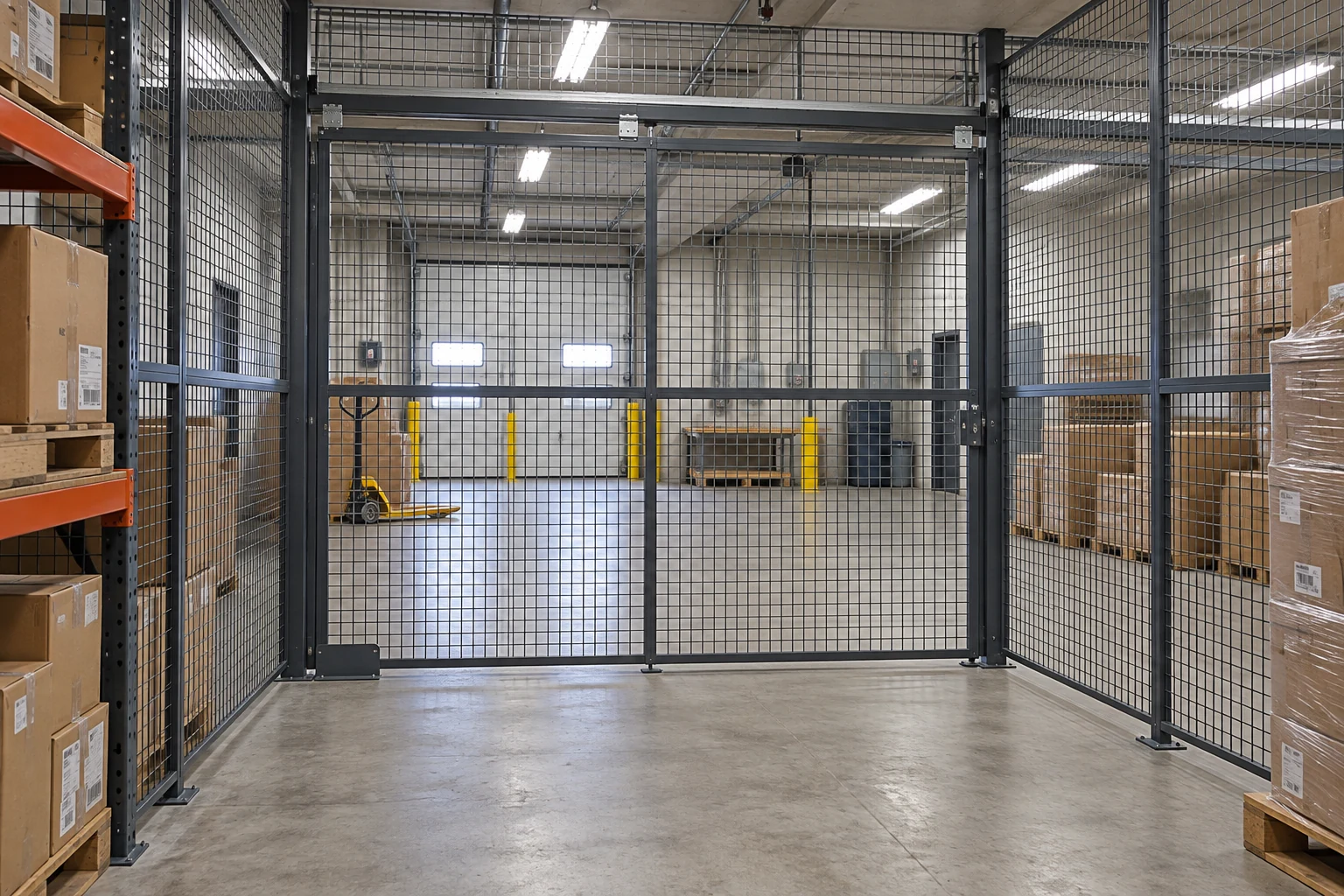 The view from inside a mesh storage enclosure toward its closed access gate.