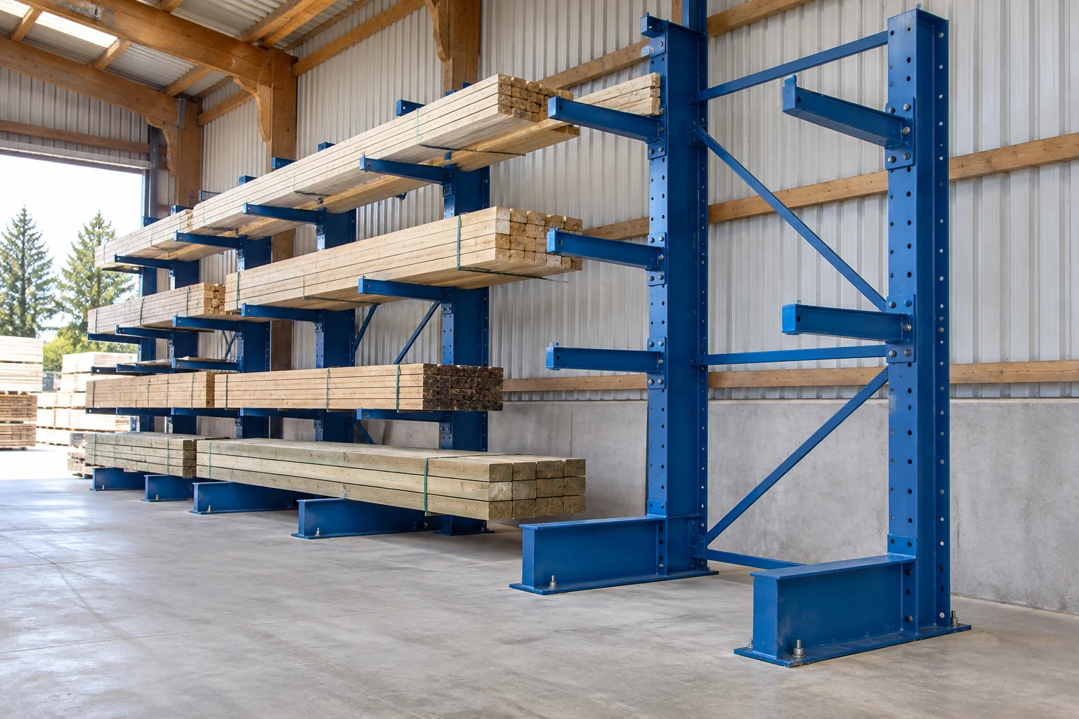 Visible cantilever bases and columns beside a timber storage area.
