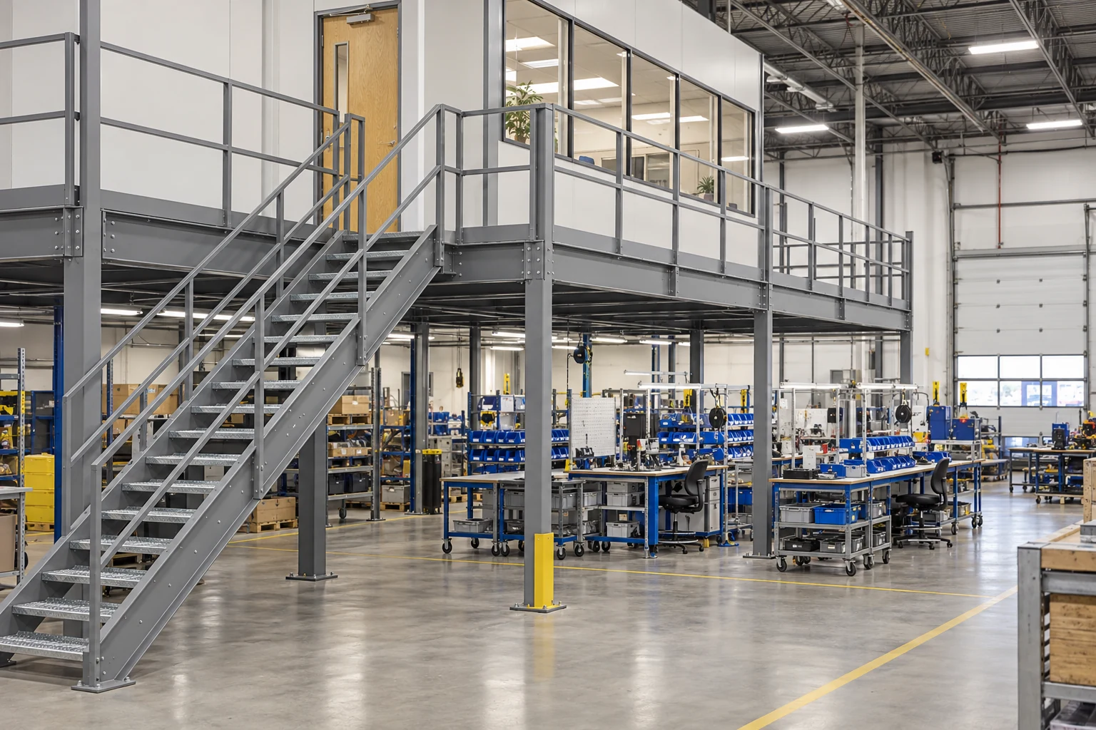 A mezzanine office landing and staircase overlooking manufacturing workstations.