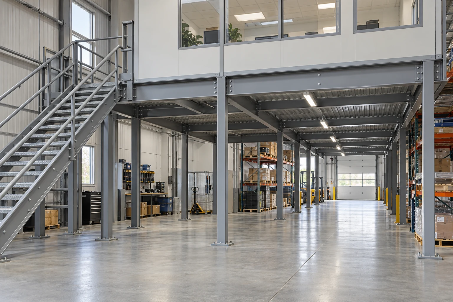 The structural platform and clear ground-floor route beneath an office.