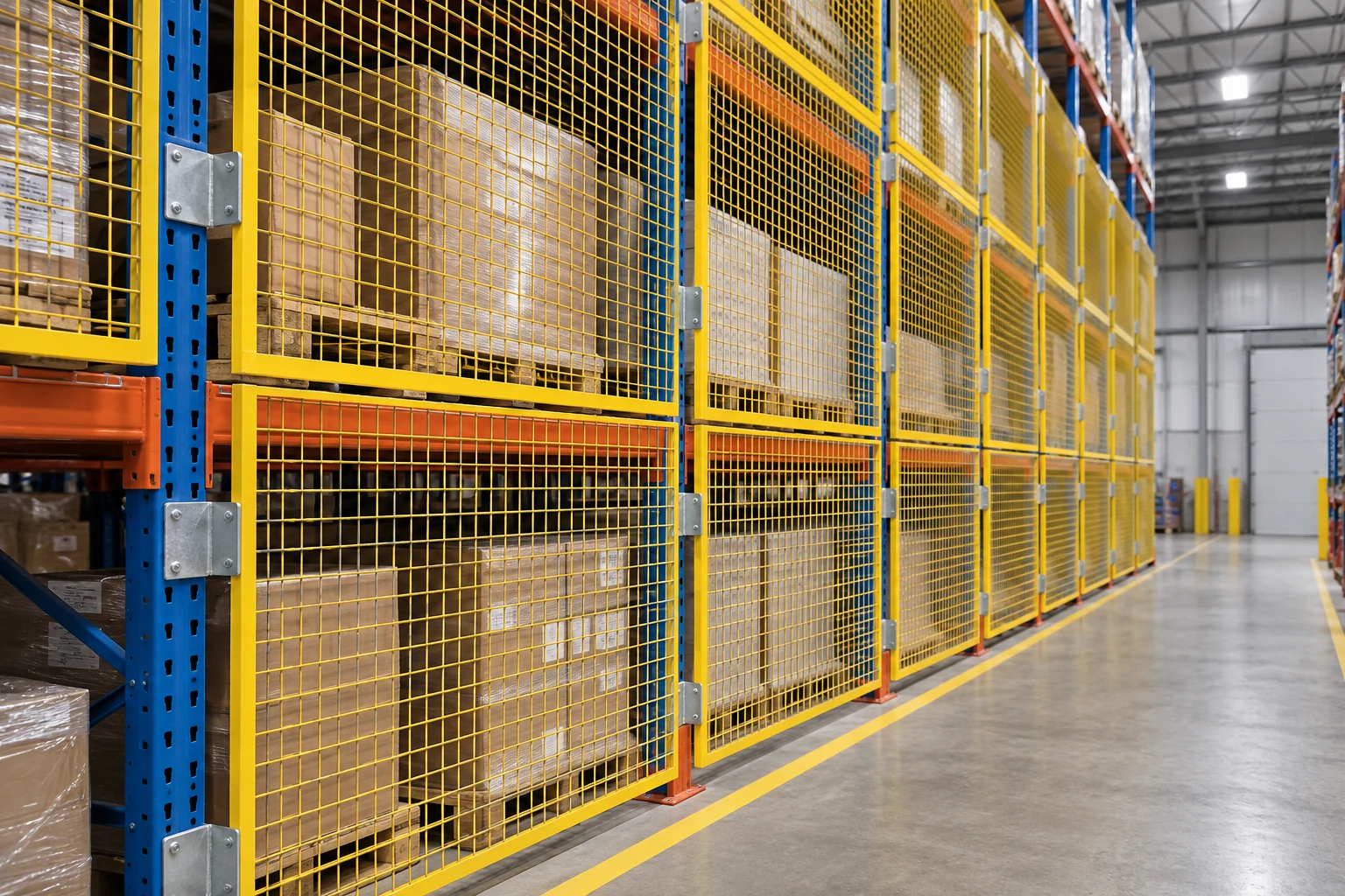 Rack-attached mesh backing along a warehouse pedestrian aisle.