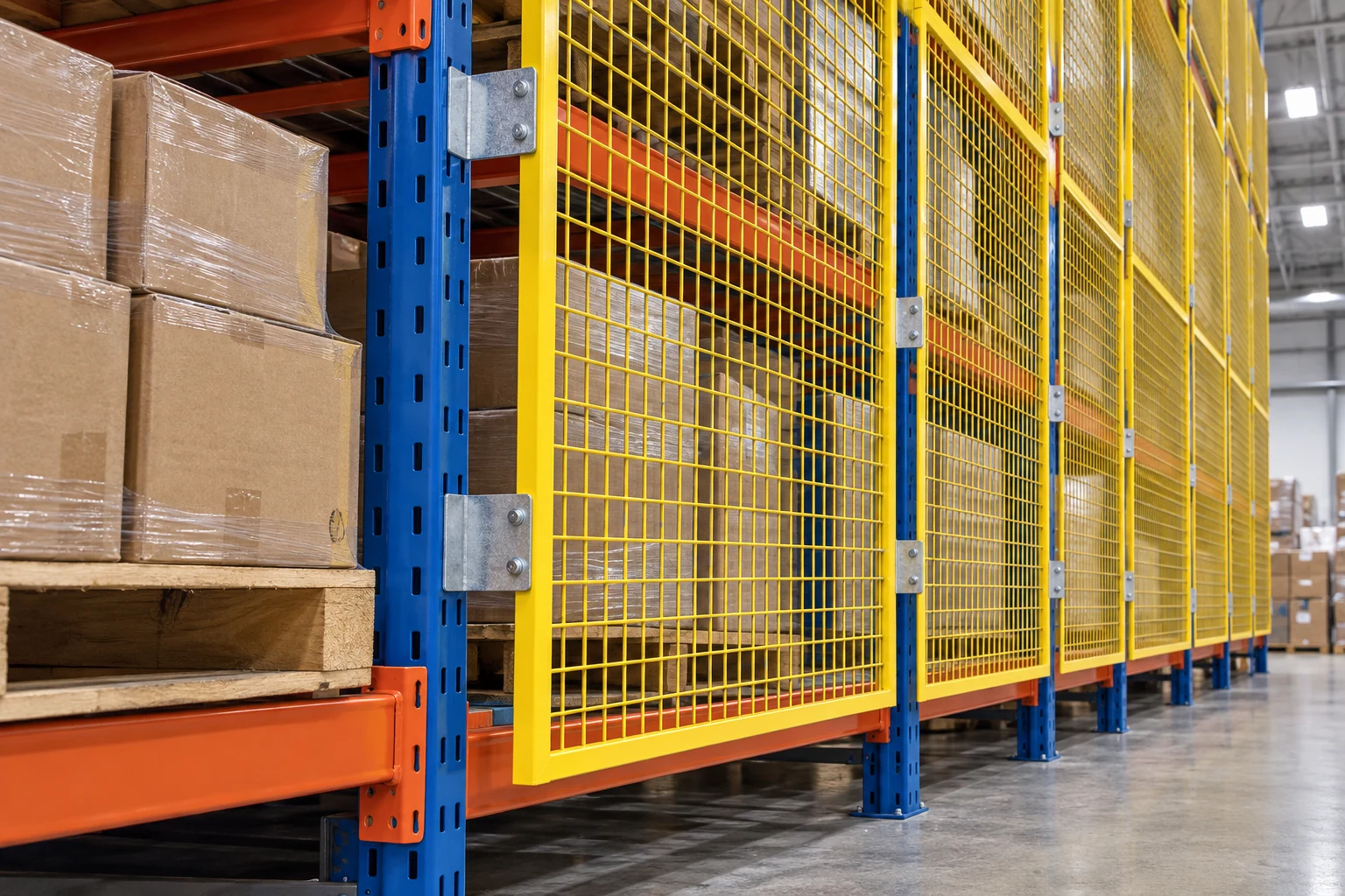 Continuous mesh backing with clearance behind palletized materials.