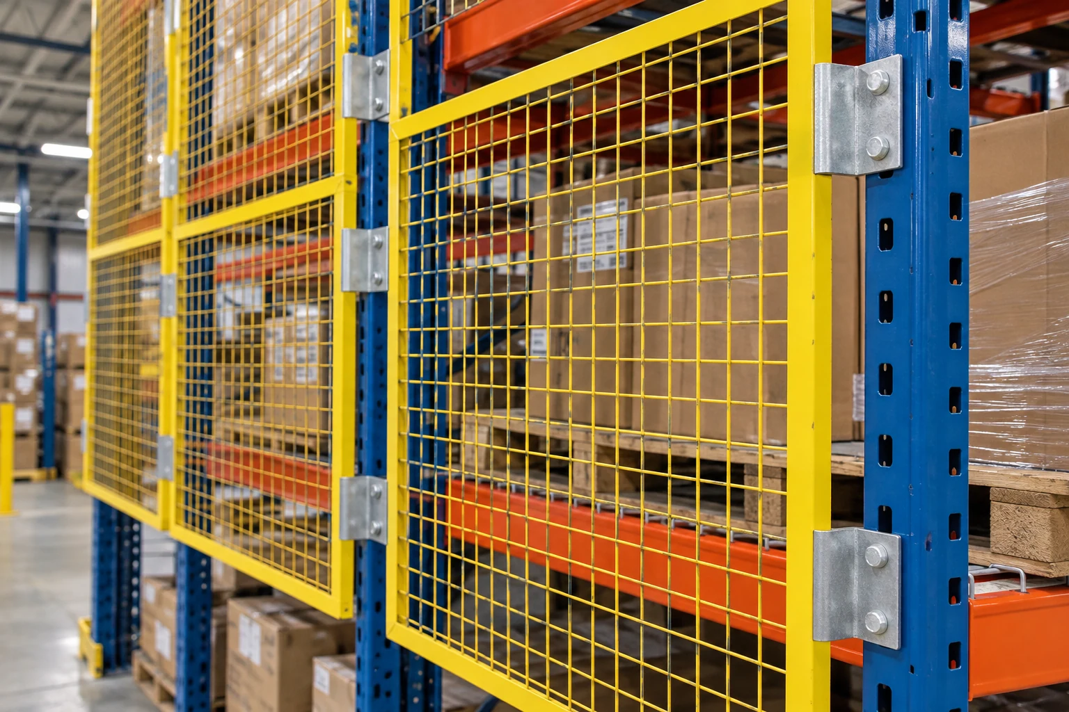 Adjacent mesh backing panels and their mounting connections.