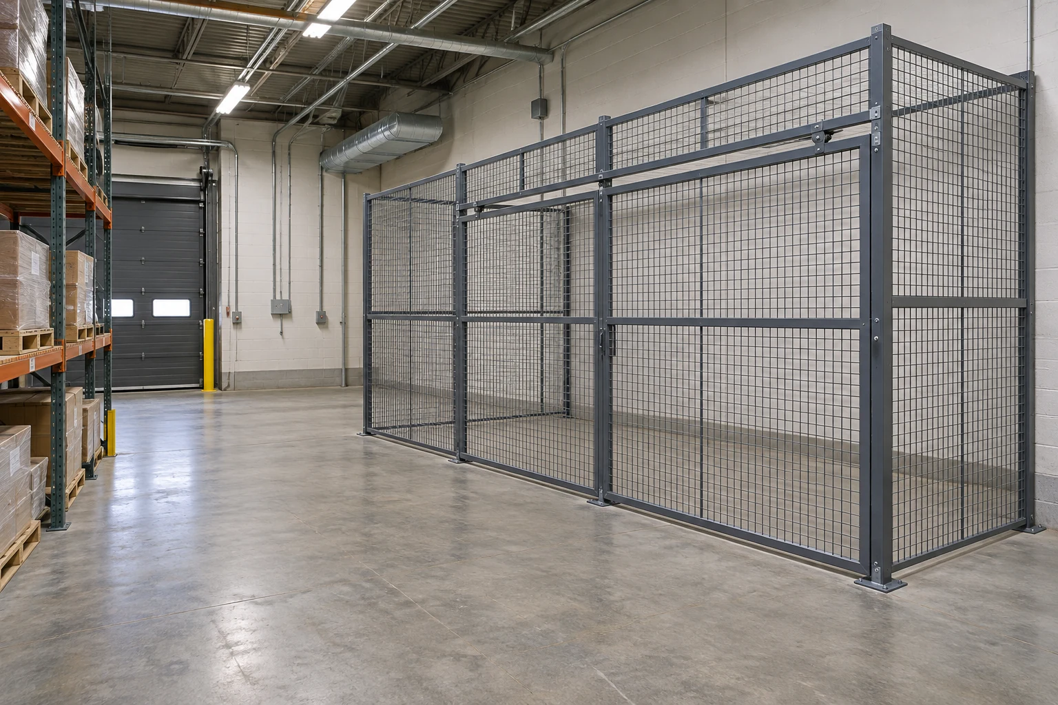 An empty mesh enclosure illustrating a revised warehouse layout.