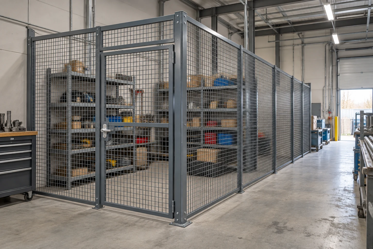 A partition enclosure and gate beside an open workshop route.