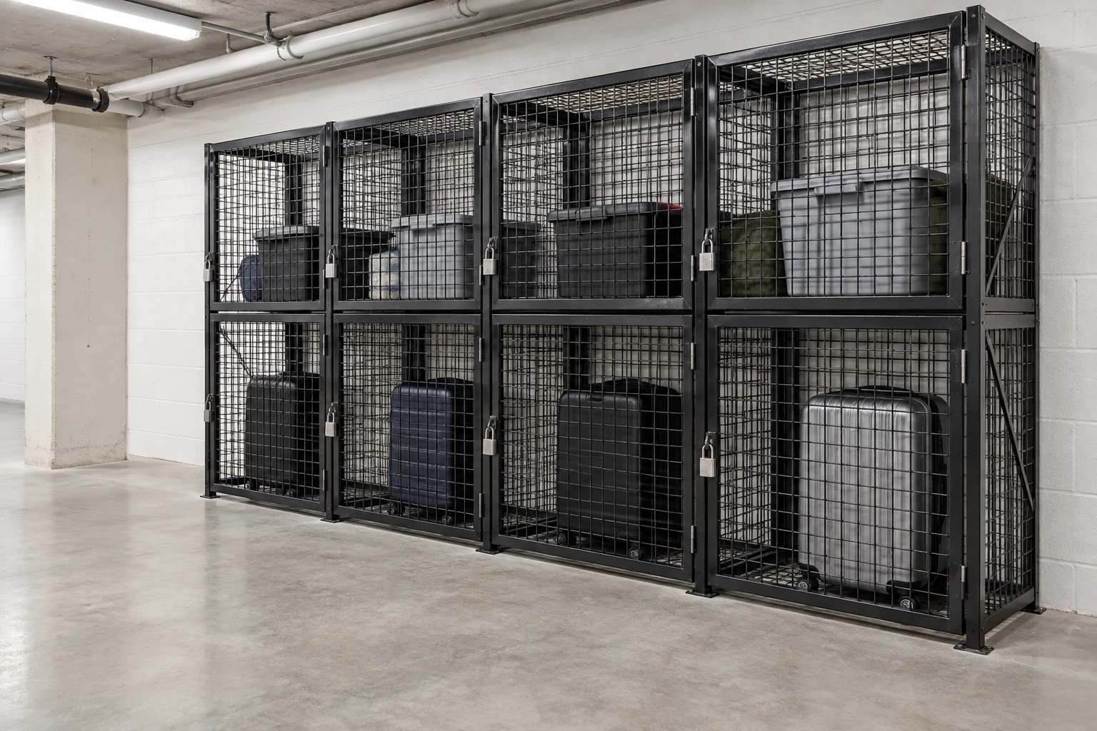 Double-tier mesh lockers with separate upper and lower compartments.
