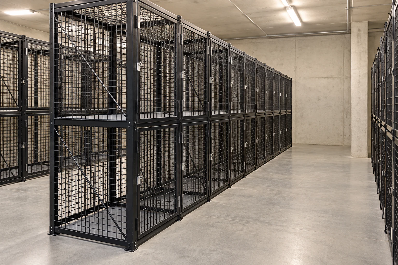 An end view of two-tier lockers showing the separation between compartments.
