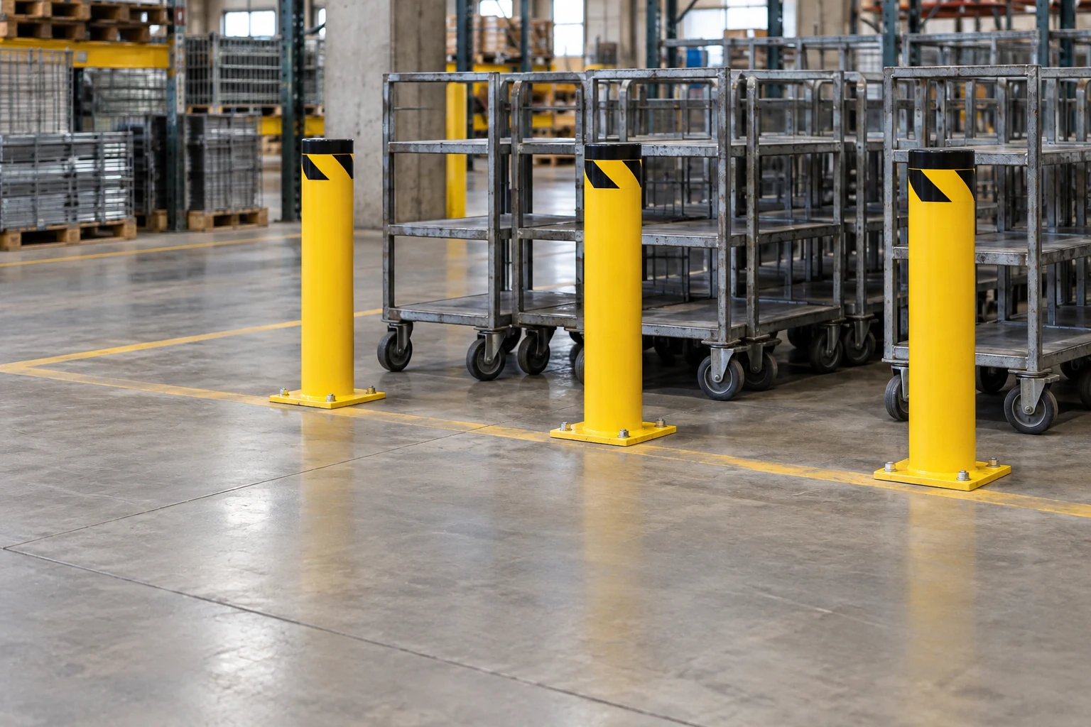 A bollard boundary beside parked industrial carts.