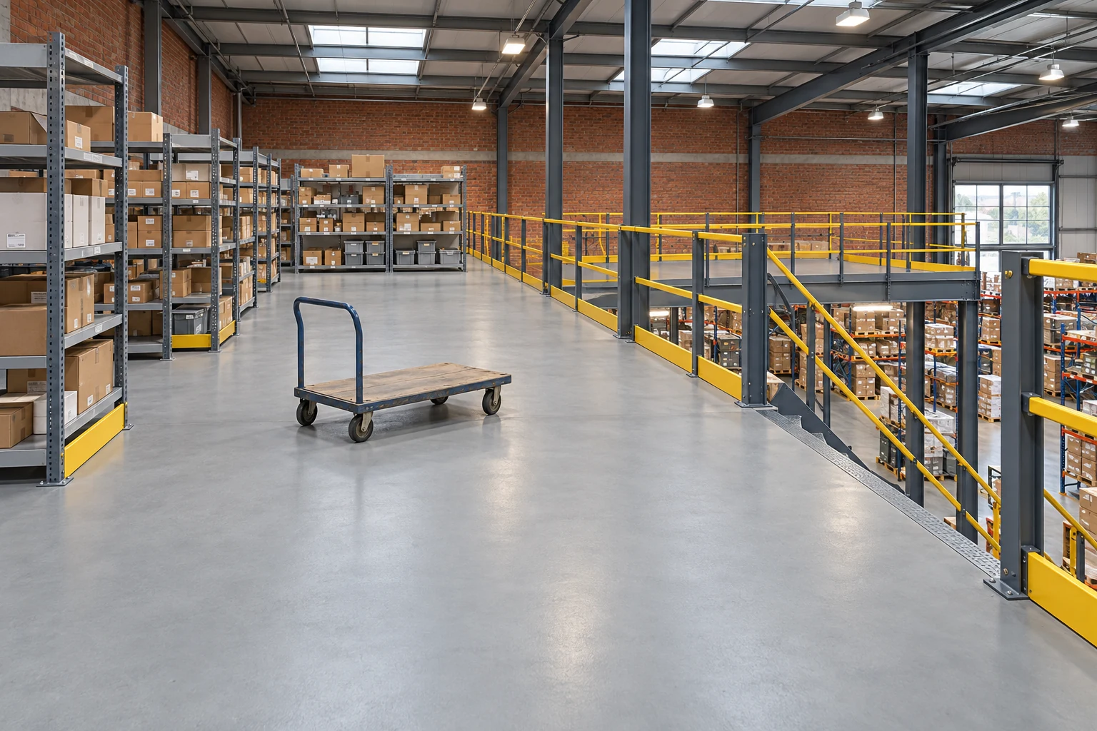 Solid mezzanine floor with an empty cart and guarded stair opening.