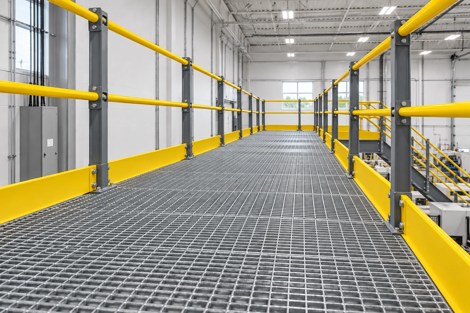 Open-bar grating walkway with guardrails and toe plates along both exposed sides.