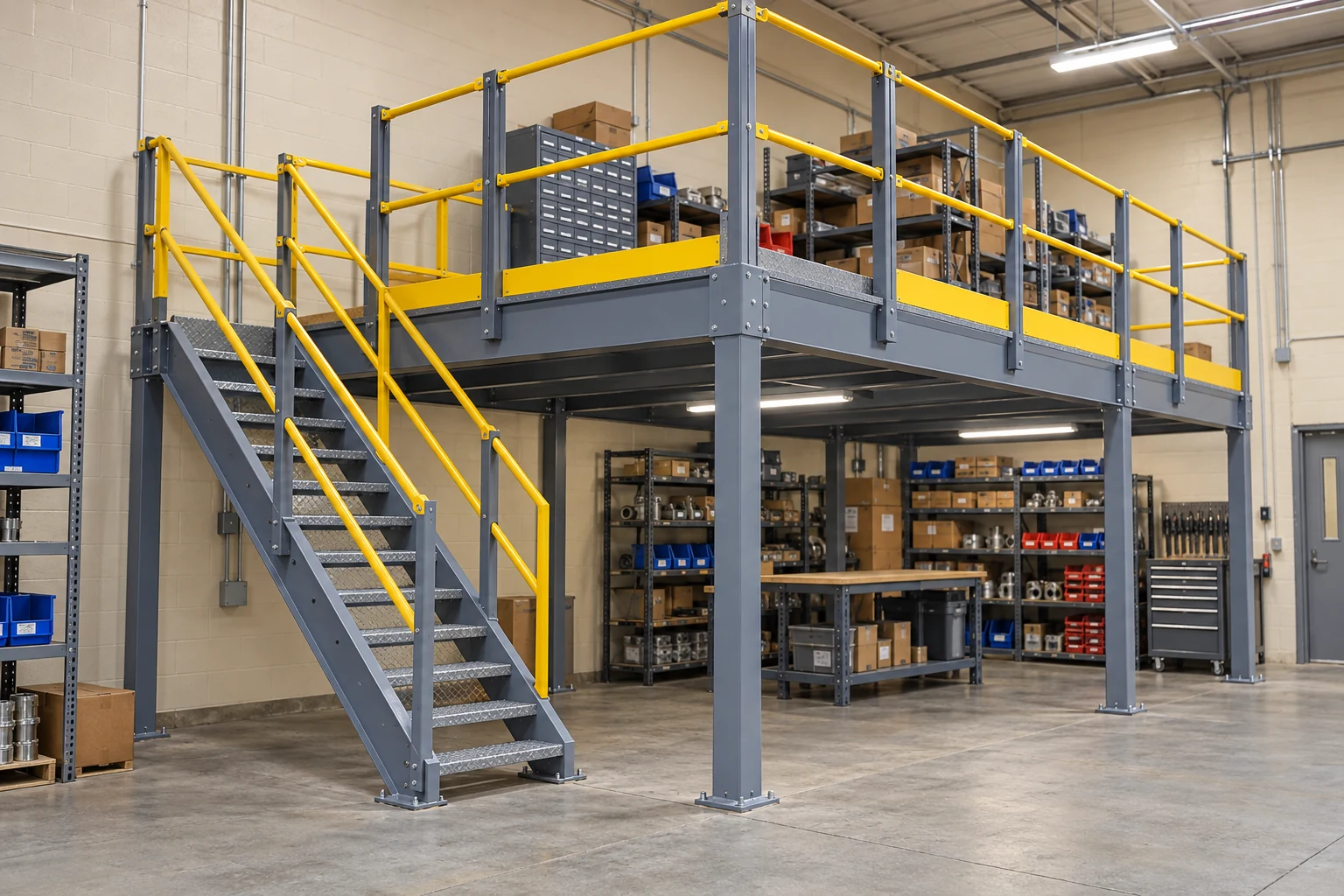 Mezzanine platform, floor-edge connections and stair landing in a parts workshop.