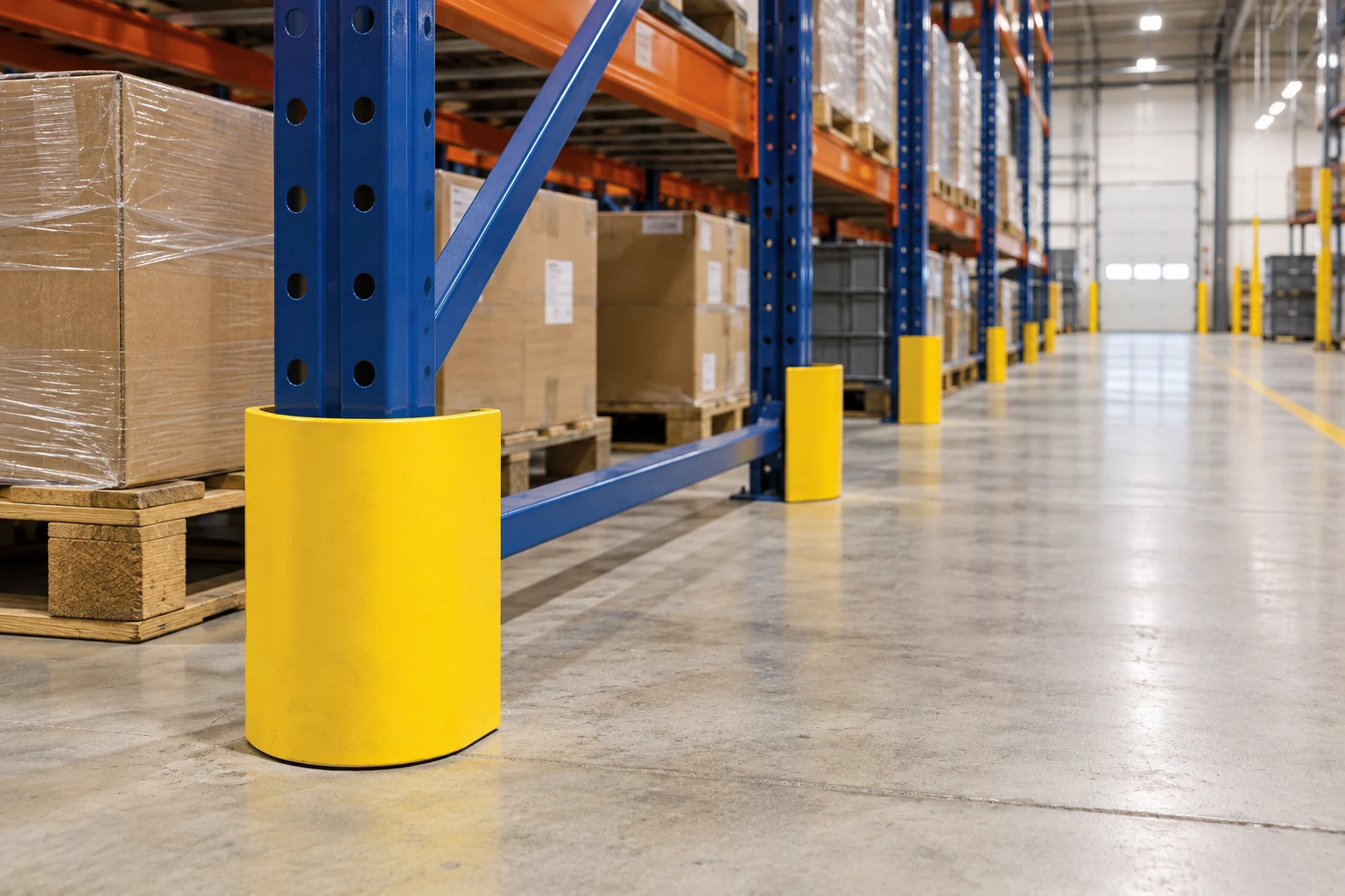 Curved steel protector guarding the lower portion of a pallet rack upright.