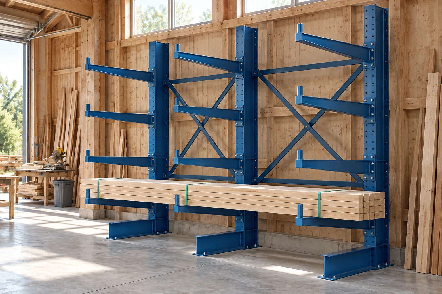 Structural cantilever rack with visible arm levels and a supported lumber bundle.