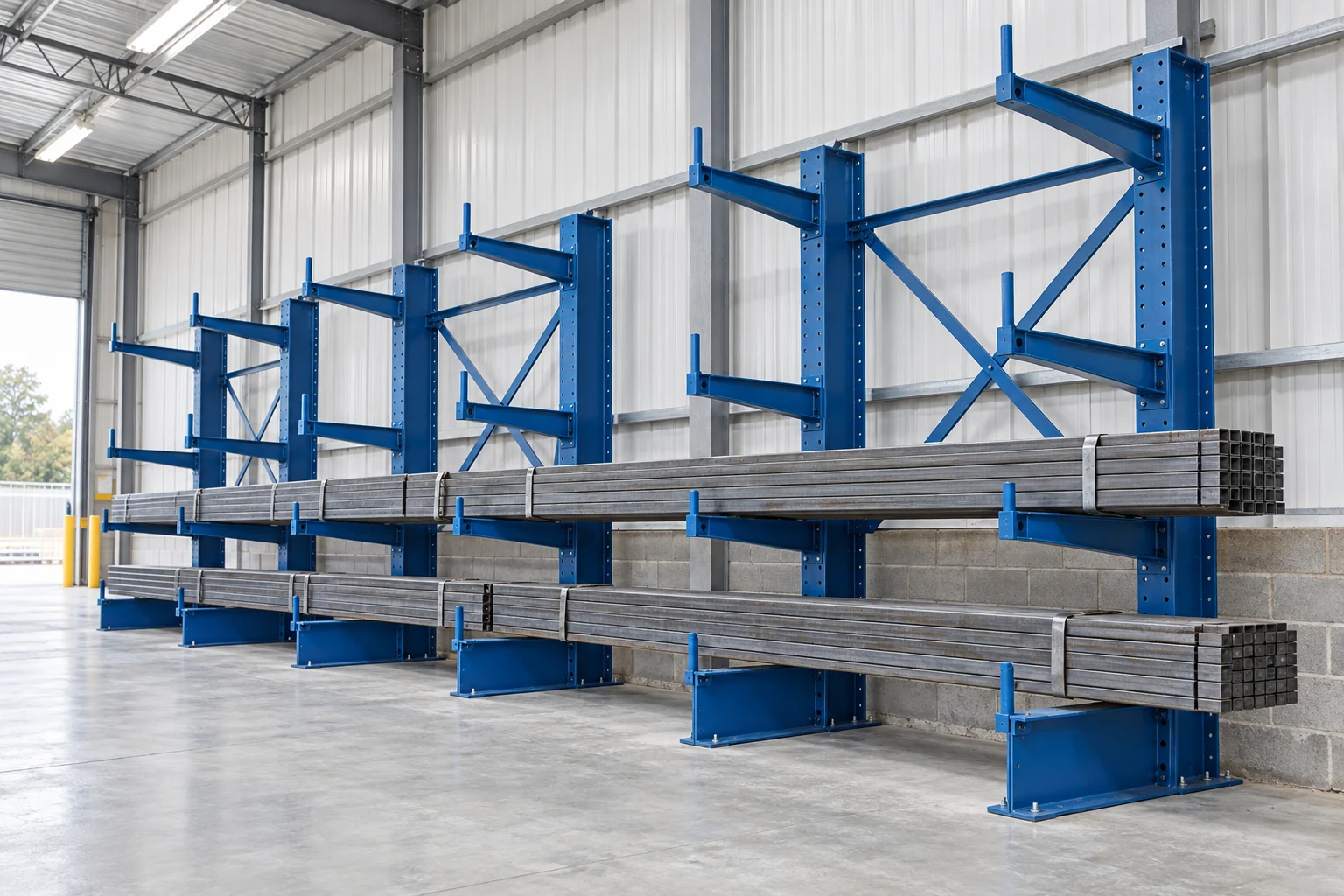 Cantilever storage with long stock supported across multiple arms.
