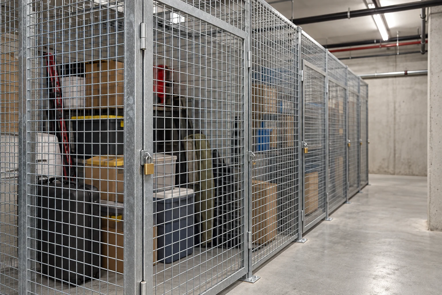Galvanized mesh locker doors with hinge and locking hardware visible.