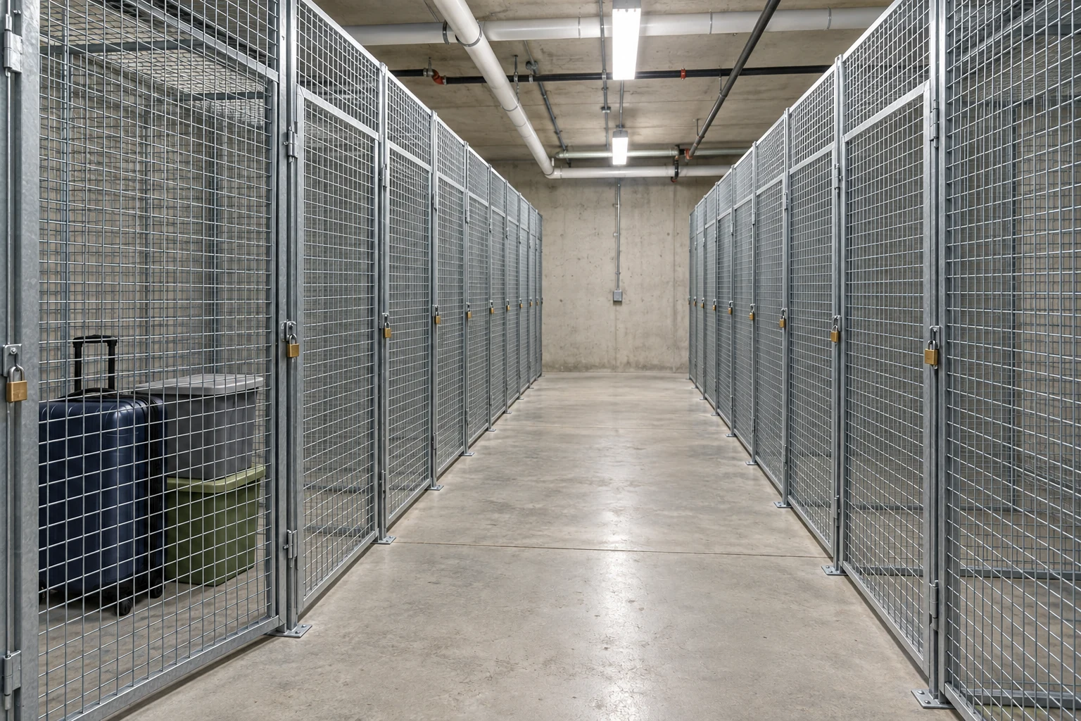 Tenant locker rows with belongings contained inside individual compartments.