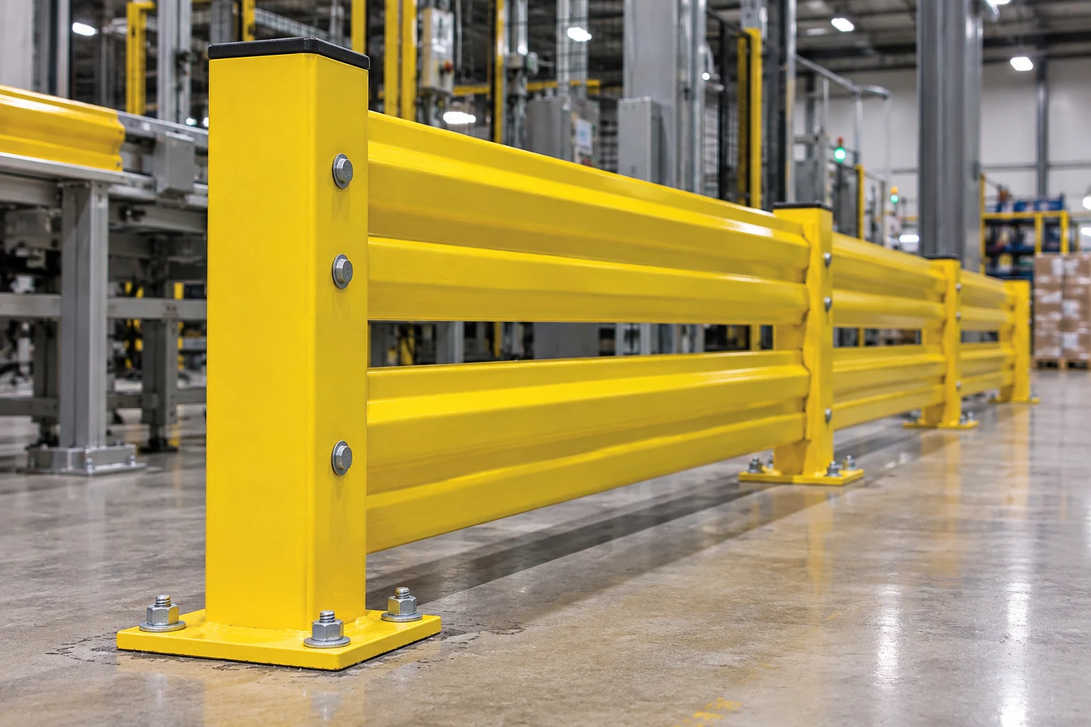 Guardrail post, bolted rail connections and floor anchoring.