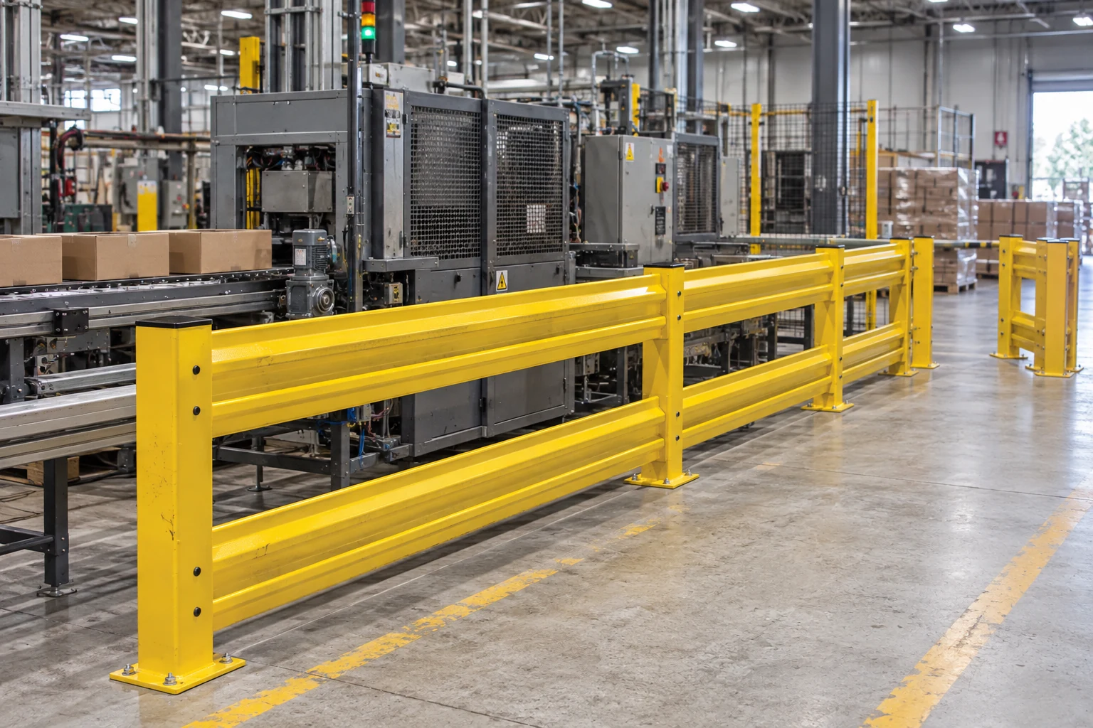 Industrial guardrail run with a separate access opening at its end.