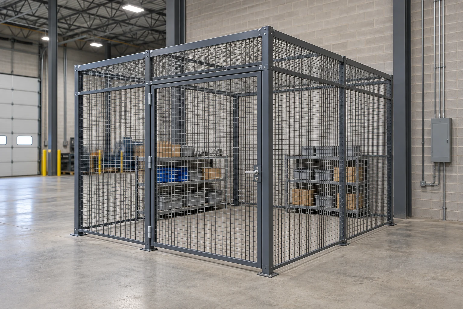 Wire-mesh enclosure with a continuous framed roof and a closed gate.