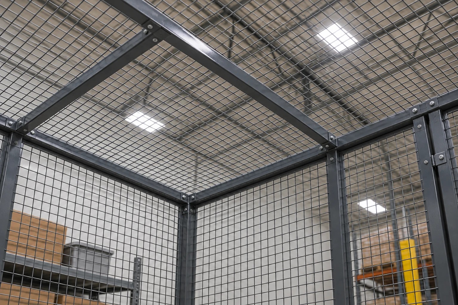 Supported mesh roof panels connected at an enclosure corner.