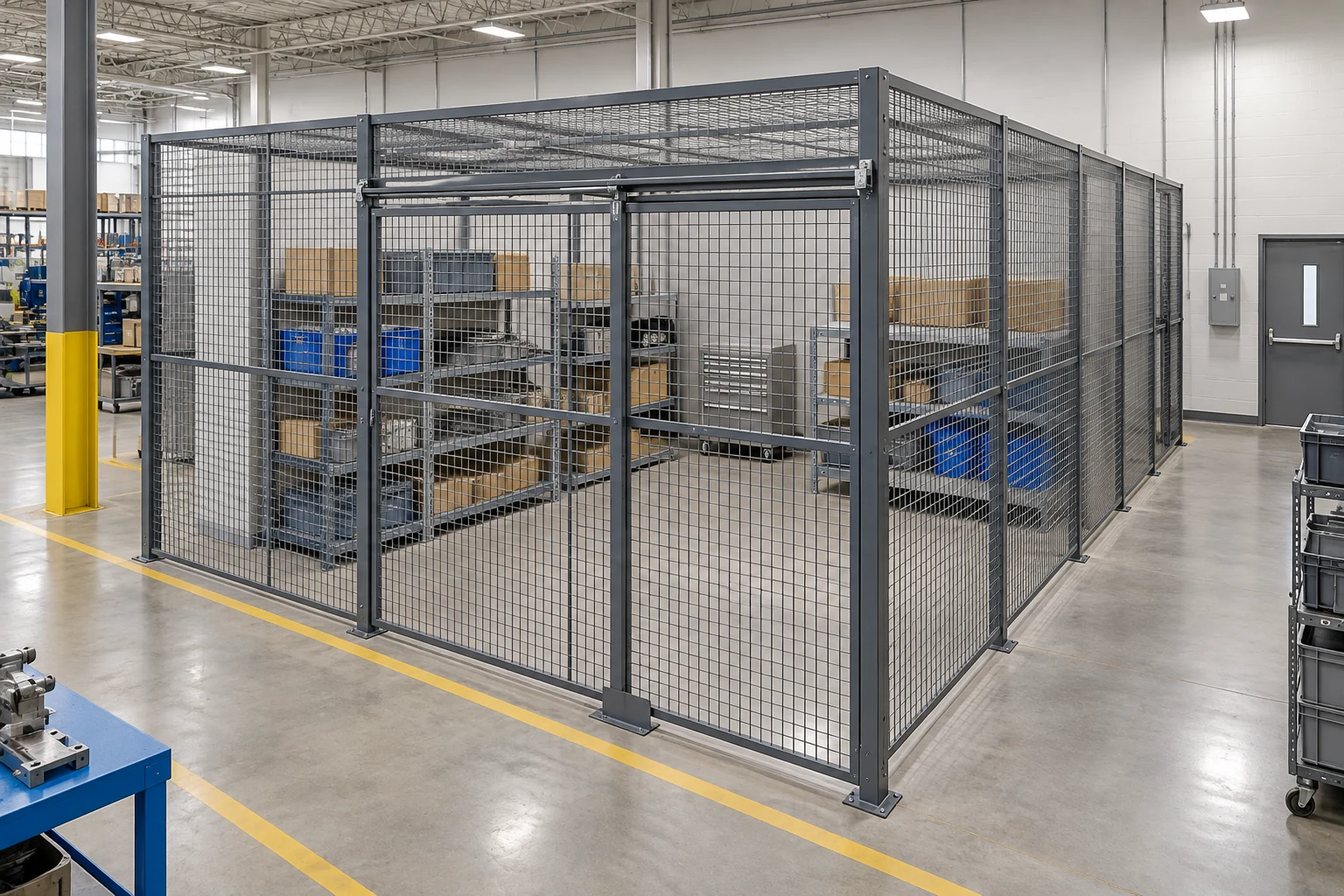 Roofed parts cage with a sliding gate and clear exterior access.